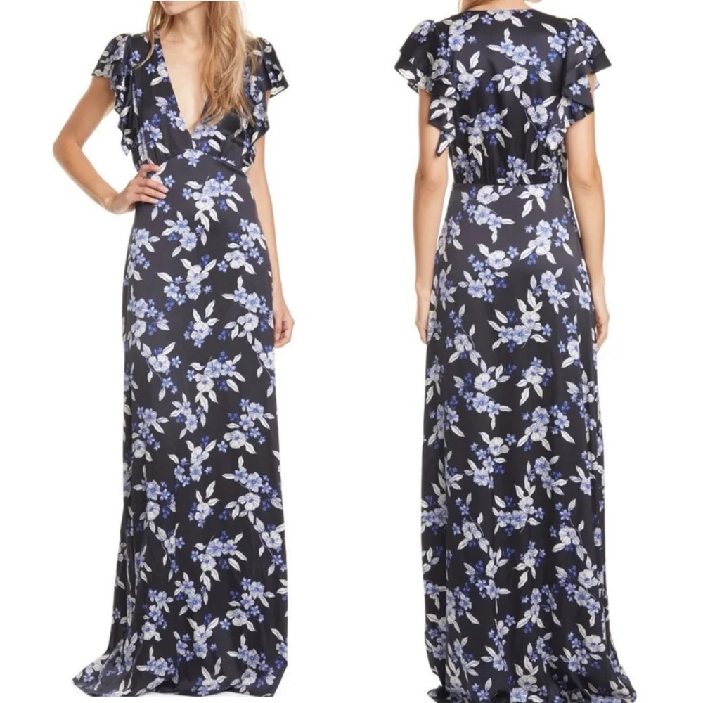 NWT VERONICA BEARD Padma Blue Floral Silk Flutter Sleeve Vneck Maxi Dress